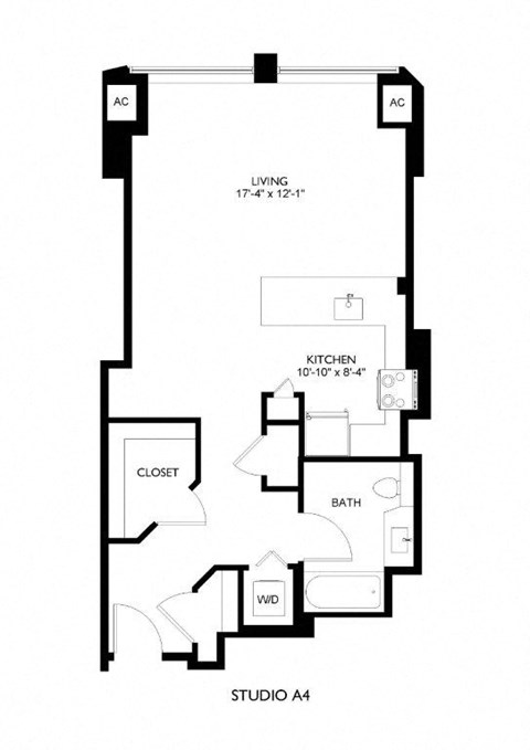 Floor plan for studio, 1 bath, 639 sqft